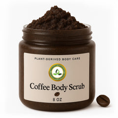 Coffee scrub in an 8 oz jar labeled "Plant-Derived Body Care."