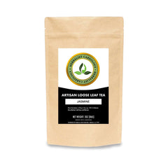 Jasmine blossoms loose leaf tea in kraft packaging, featuring a blend of jasmine and green tea for a smooth, silky taste.