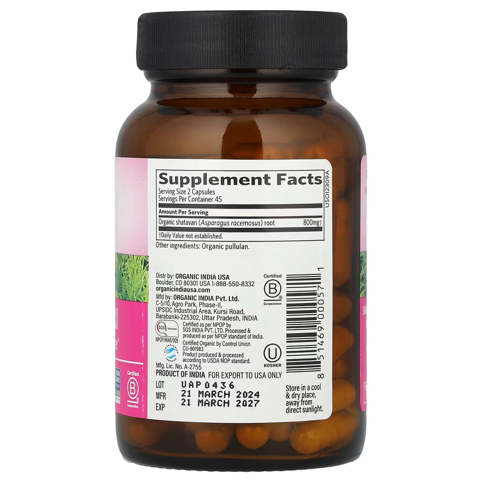 Organic Shatavari Whole Herb Supplement - 90 Vegan Capsules for Hormonal Balance