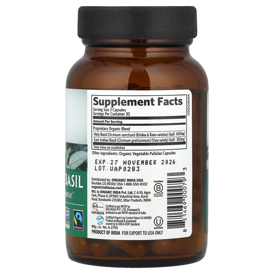 Organic Tulsi Holy Basil Supplement - 90 Vegan Capsules for Immune Support and Relaxation