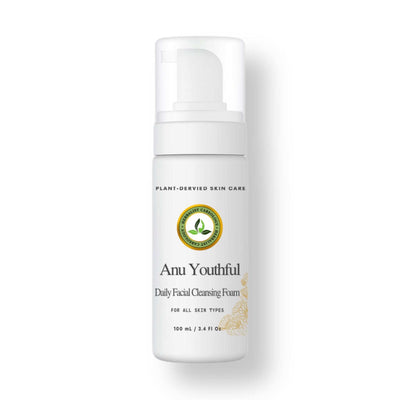 Anu Youthful Daily Facial Cleansing Foam bottle for all skin types, anti-aging and nourishing skincare.