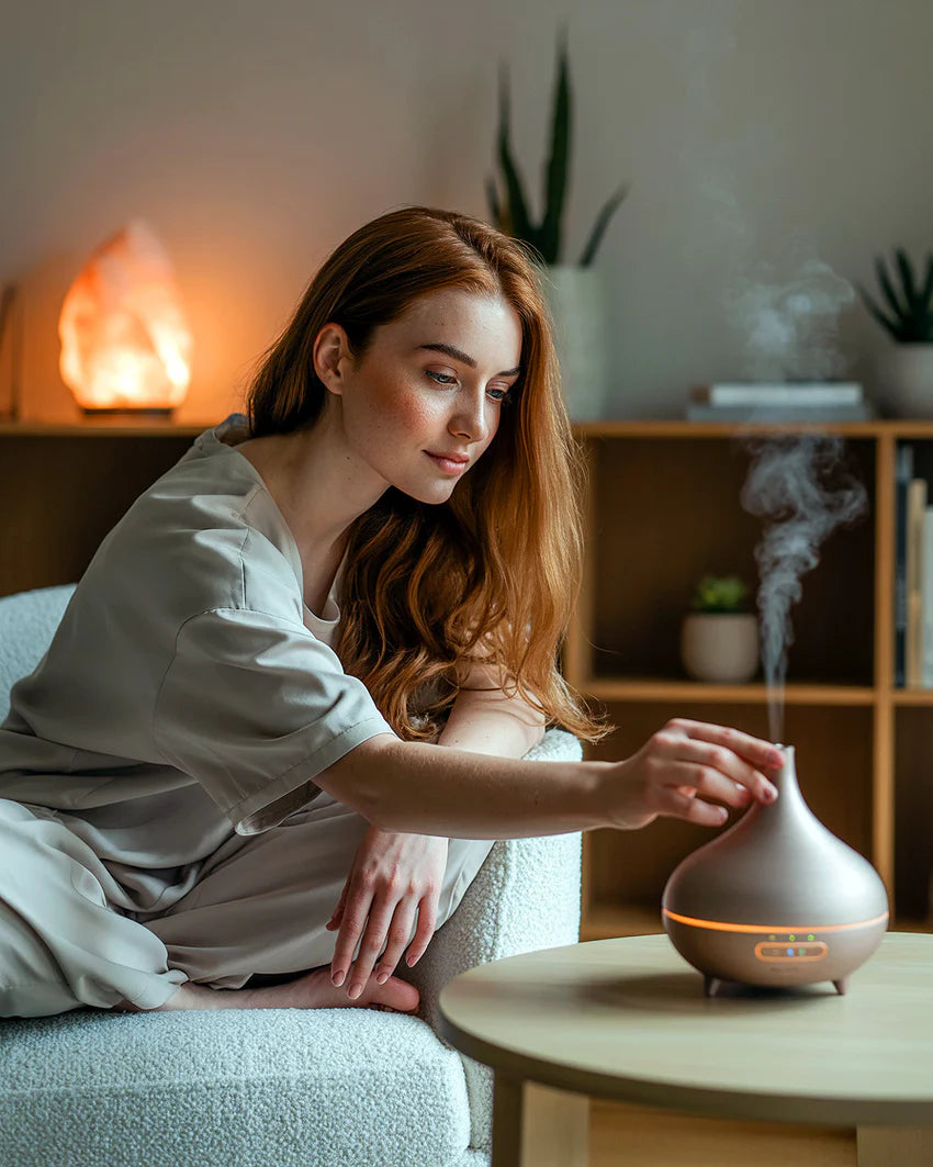 Woman using an essential oil diffuser in a cozy living room setting