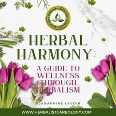 Herbal book cover titled "Herbal Harmony: A Guide to Wellness Through Herbalism" with botanical illustrations.