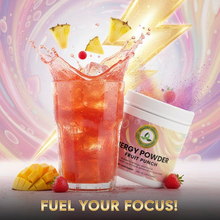 Glass of fruit punch with energy powder container, mango, and strawberries on a colorful background.