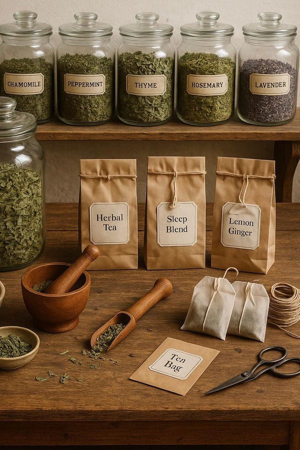 Herbalism 101 products with jars of herbs and tea bags on a wooden table.
