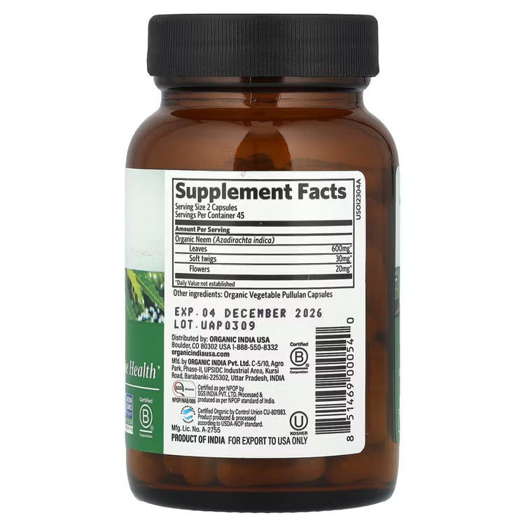 Organic Neem Herbal Supplement - 90 Vegan Capsules for Immune Support and Detox
