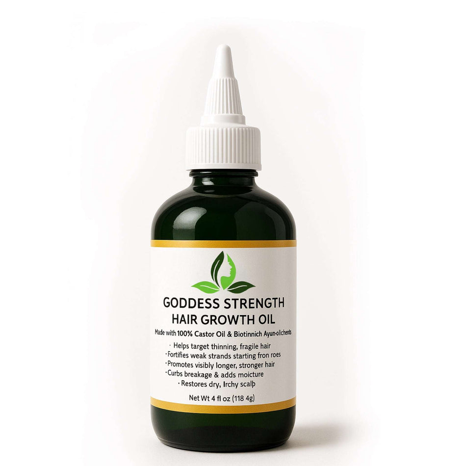 Goddess Strength Hair Growth Oil for increased hair growth and thickness, reduced breakage, and enhanced length retention.