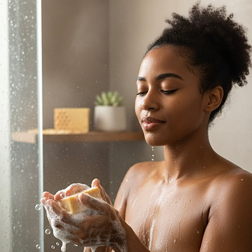 Woman washing her hands with soap in a shower
