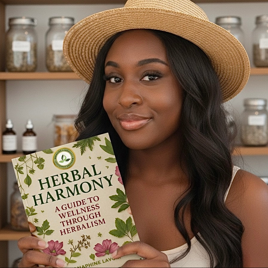 Woman holding a book titled 'Herbal Harmony' in a setting with jars and bottles.