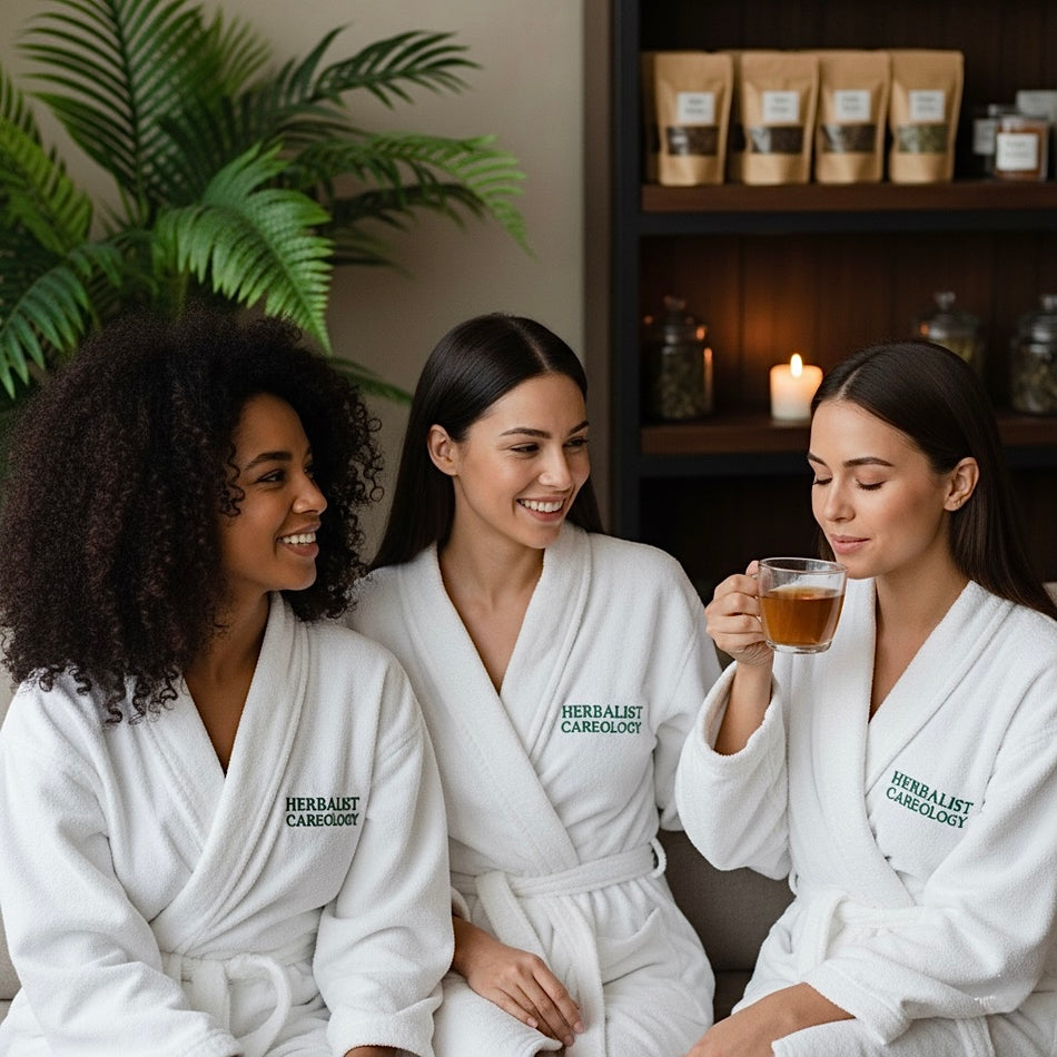 Three women in white robes with 'Herbather' branding sitting together in a spa setting.