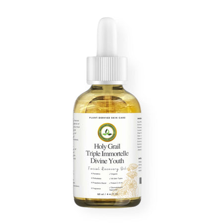 Holy Grail Triple Immortelle Divine Youth Facial Recovery Oil bottle with dropper, skincare for radiant and hydrated skin.