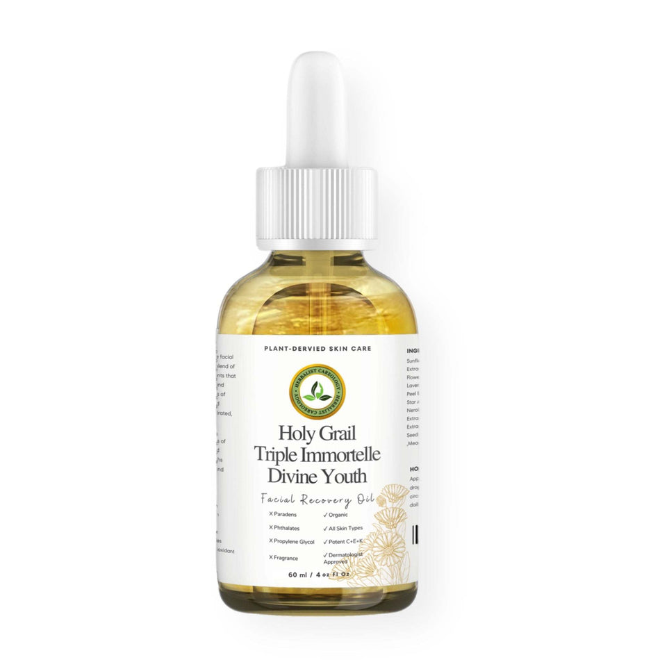 Holy Grail Triple Immortelle Divine Youth Facial Recovery Oil bottle with dropper, skincare for radiant and hydrated skin.