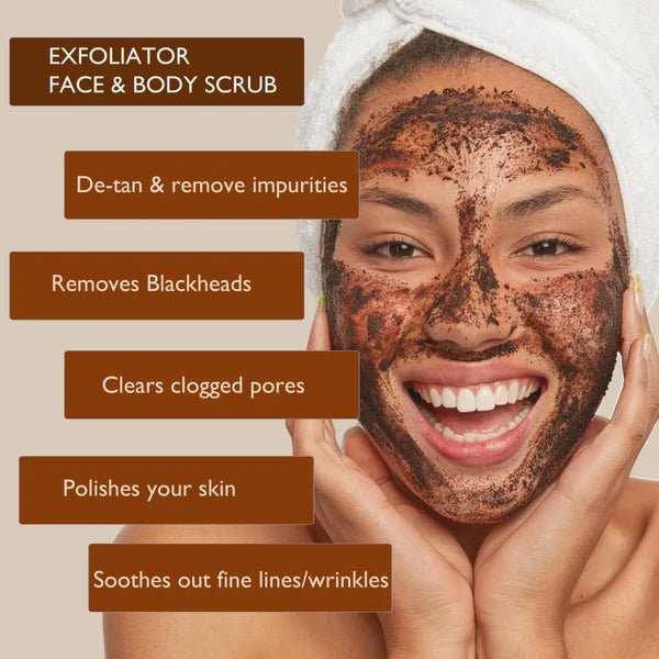 Coffee scrub applied to smiling woman's face with benefits highlighted.