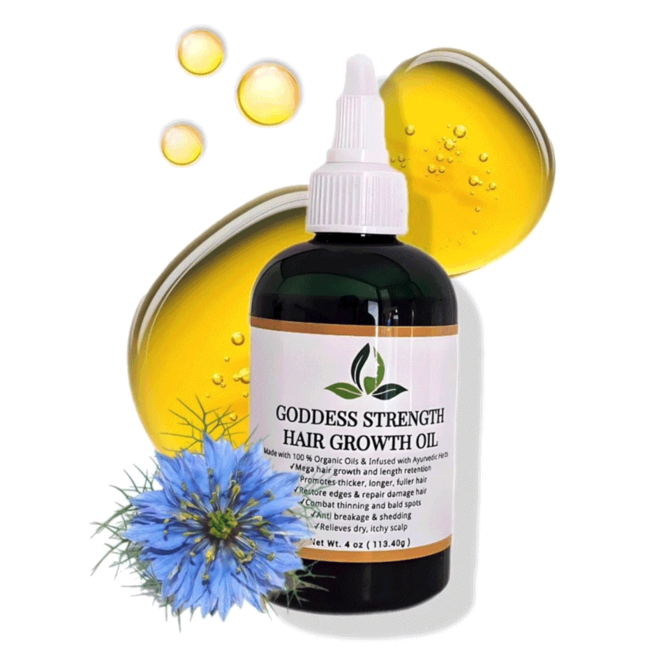 Goddess Strength Hair Growth Oil bottle with ingredients and oil droplets for mega hair growth.