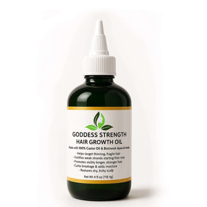 Goddess Strength Hair Growth Oil for increased hair growth and thickness, reduced breakage, and enhanced length retention.