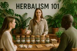 Herbalism 101 workshop with instructor and participants discussing herbs.