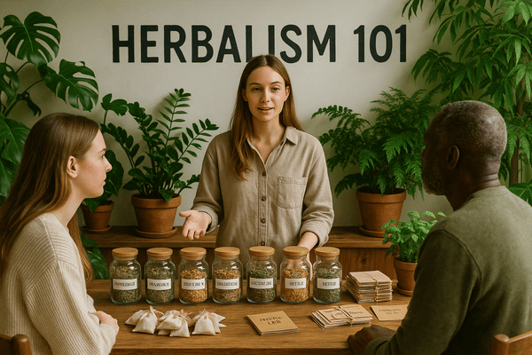 Herbalism 101 workshop with instructor and participants discussing herbs.