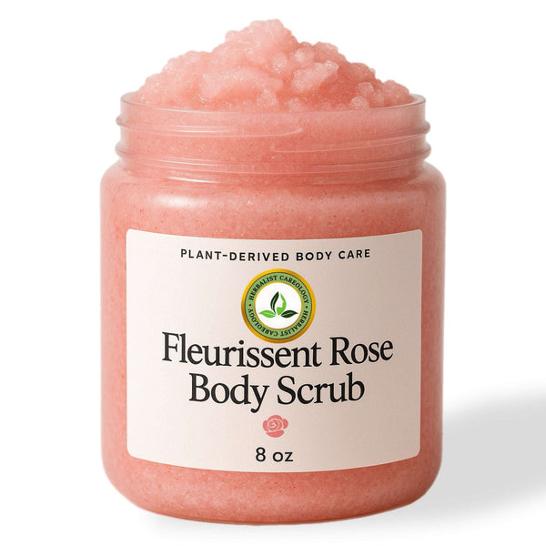 Fleurissent Rose Body Scrub jar with rose exfoliating scrub for hydrating and nourishing skin, 8 oz.