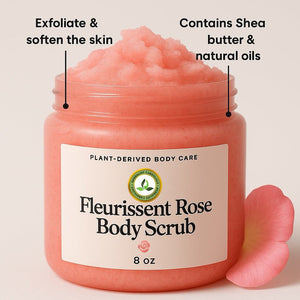 Fleurissent Rose Body Scrub jar with pink scrub texture, highlighting exfoliation benefits and natural oils.