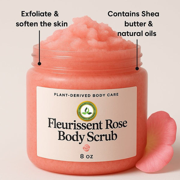 Fleurissent Rose Body Scrub jar with pink scrub texture, highlighting exfoliation benefits and natural oils.