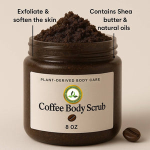 Coffee scrub jar with shea butter and natural oils for exfoliating and softening the skin.