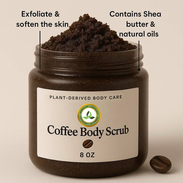 Coffee scrub jar with shea butter and natural oils for exfoliating and softening the skin.