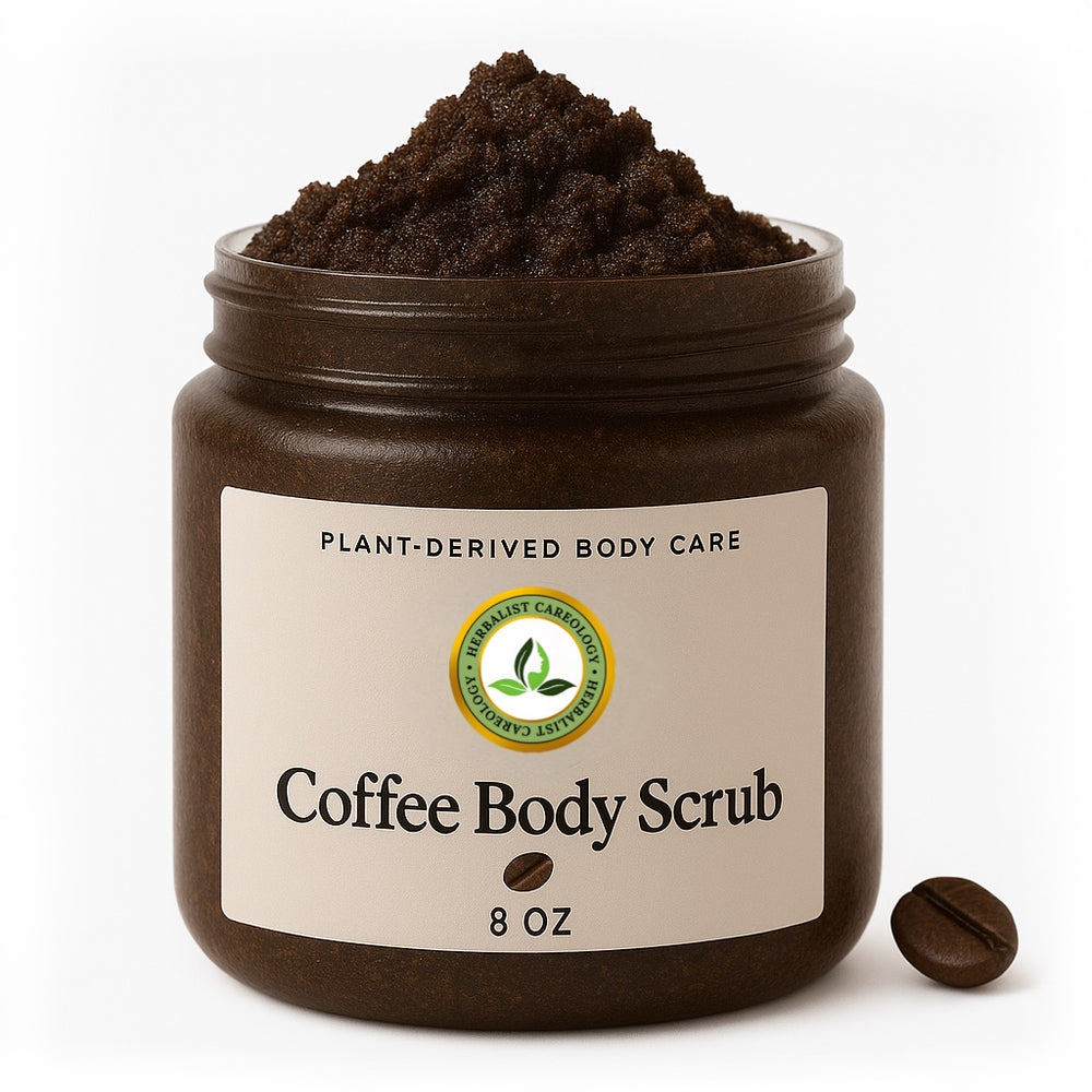 Coffee scrub in an 8 oz jar labeled "Plant-Derived Body Care."