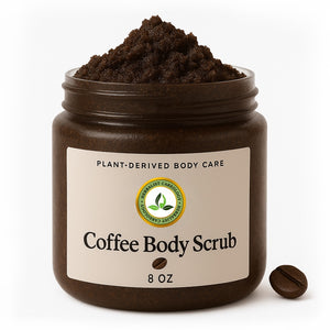 Coffee scrub in an 8 oz jar labeled "Plant-Derived Body Care."