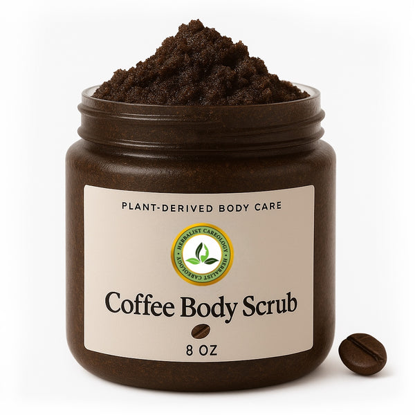 Coffee scrub in an 8 oz jar labeled "Plant-Derived Body Care."