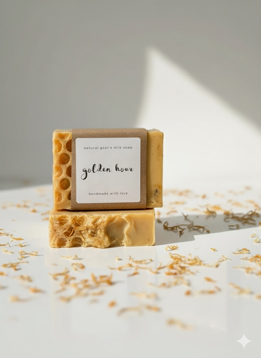 Two bars of soap with a label on a light surface