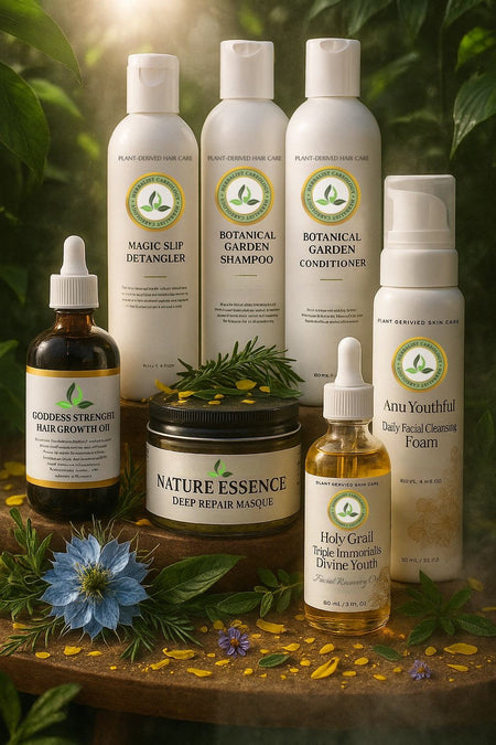 Complete Hair Care Bundle featuring shampoo, conditioner, oil, detangler, masque, and cleansing foam displayed on a wooden surface with greenery.