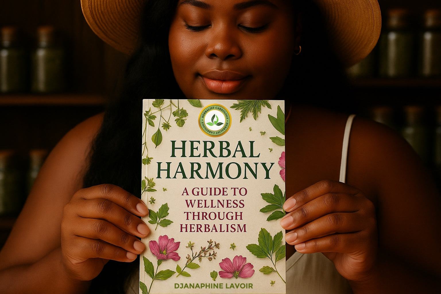 Herbal Harmony ebook cover featuring floral designs, held by a person in a light, natural setting.