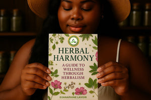 Herbal Harmony ebook cover featuring floral designs, held by a person in a light, natural setting.