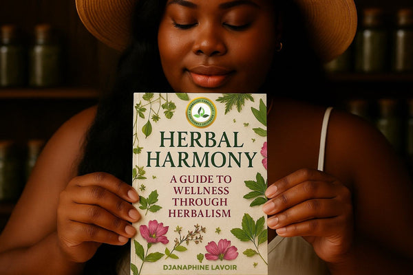 Herbal Harmony ebook cover featuring floral designs, held by a person in a light, natural setting.
