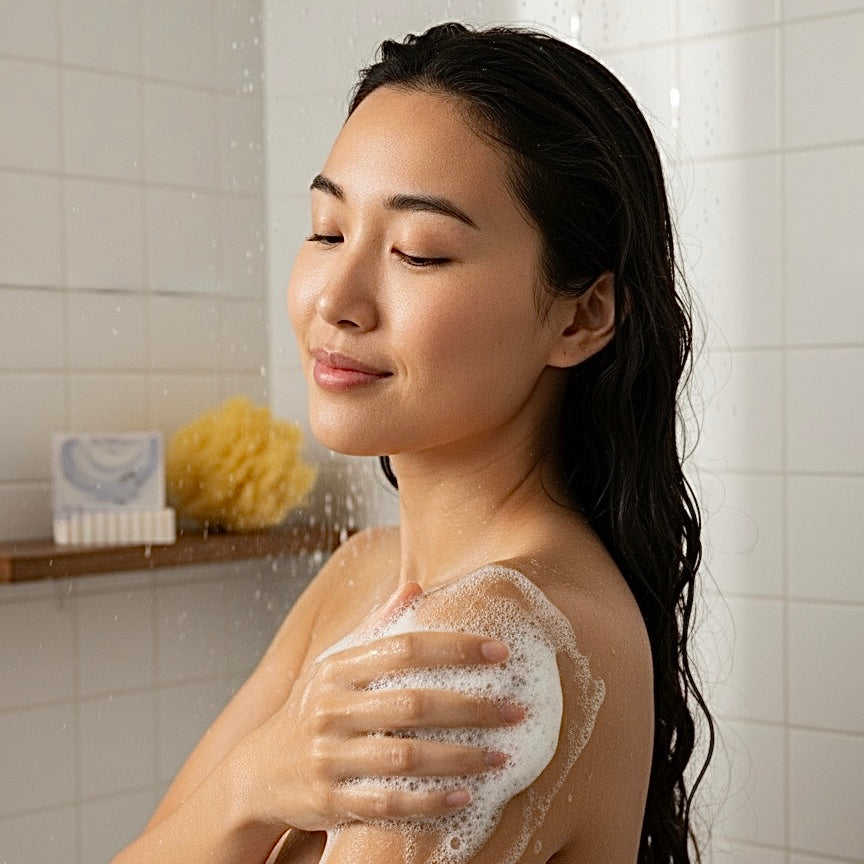 Woman washing herself with soap in a shower