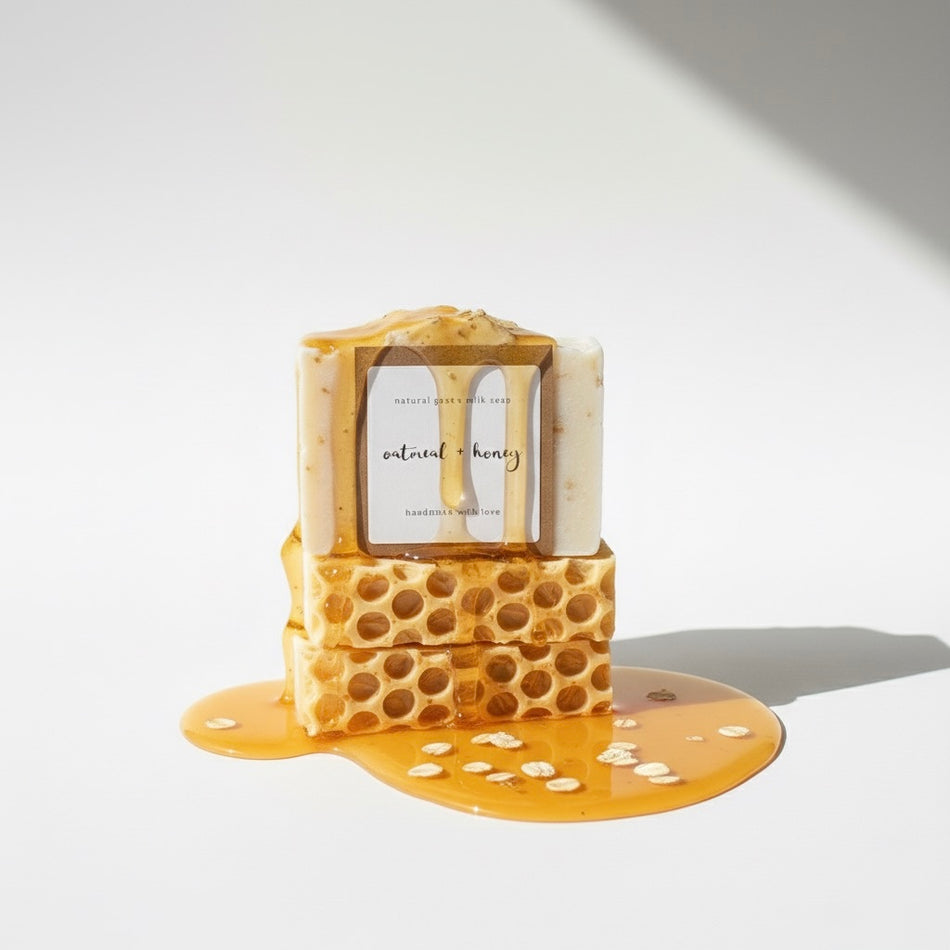 Bar of soap with honeycomb design and honey drizzle on a white background