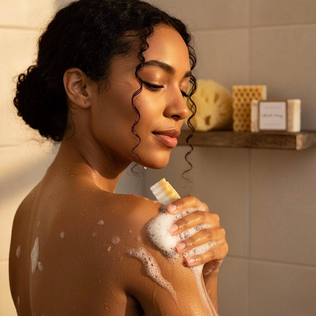 Woman showering with a bar of soap in a bathroom setting