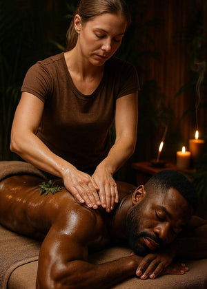 Body massage with heated stones and essential oils for relaxation and muscle relief.