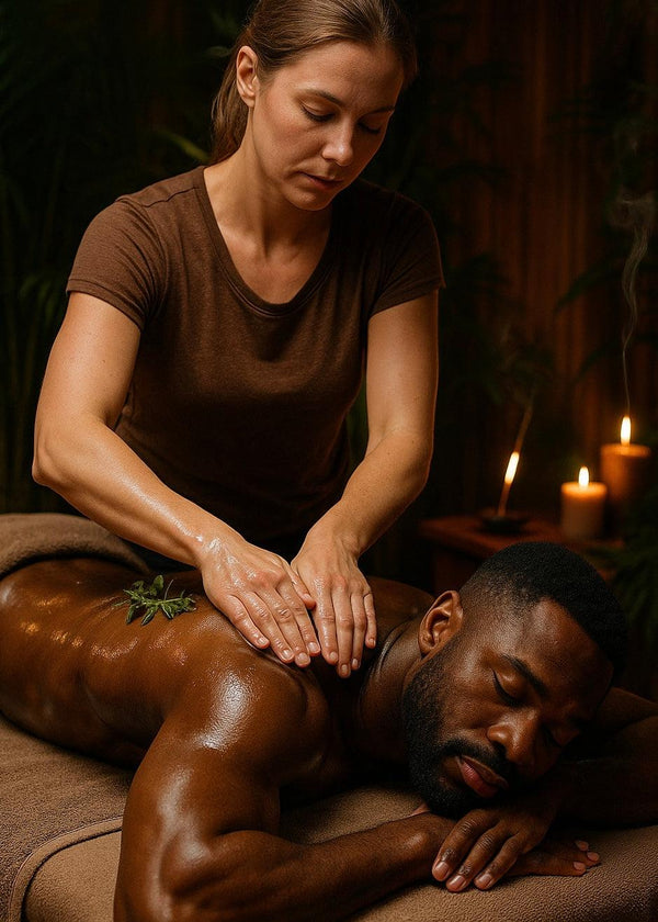 Body massage with heated stones and essential oils for relaxation and muscle relief.