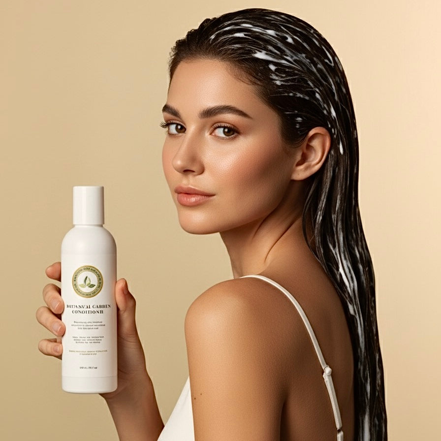 Woman with wet hair holding a bottle of conditioner against a beige background
