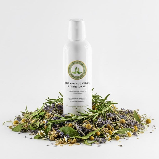 Botanical garden conditioner bottle surrounded by dried herbs on a light background