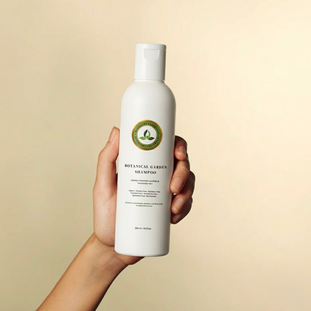 Hand holding a bottle of Botanical Garden Shampoo against a beige background