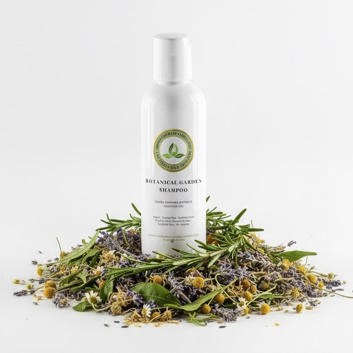 Shampoo bottle labeled 'Botanical Garden Shampoo' surrounded by herbs and flowers on a white background
