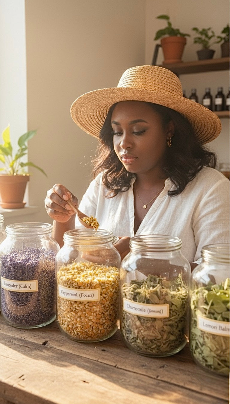 Woman in a straw hat standing behind jars of dried herbs on a wooden surface.