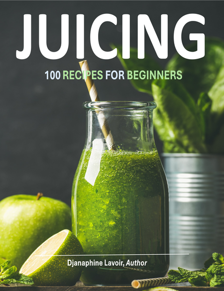 Juicing 100 Recipes book cover with green juice and fresh ingredients for beginners
