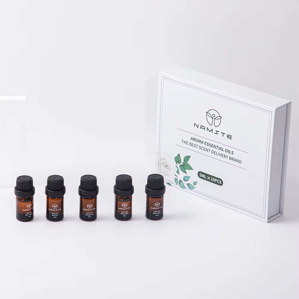 Namste Essential Oil Set of 10 bottles with aroma essential oils in white box packaging
