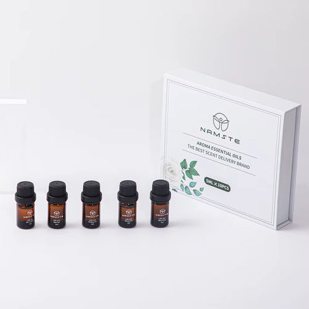 Namste Essential Oil Set of 10 bottles with aroma essential oils in white box packaging
