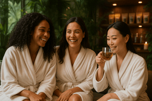 Women in robes enjoying tea as part of the Full Treat Package retreat experience.
