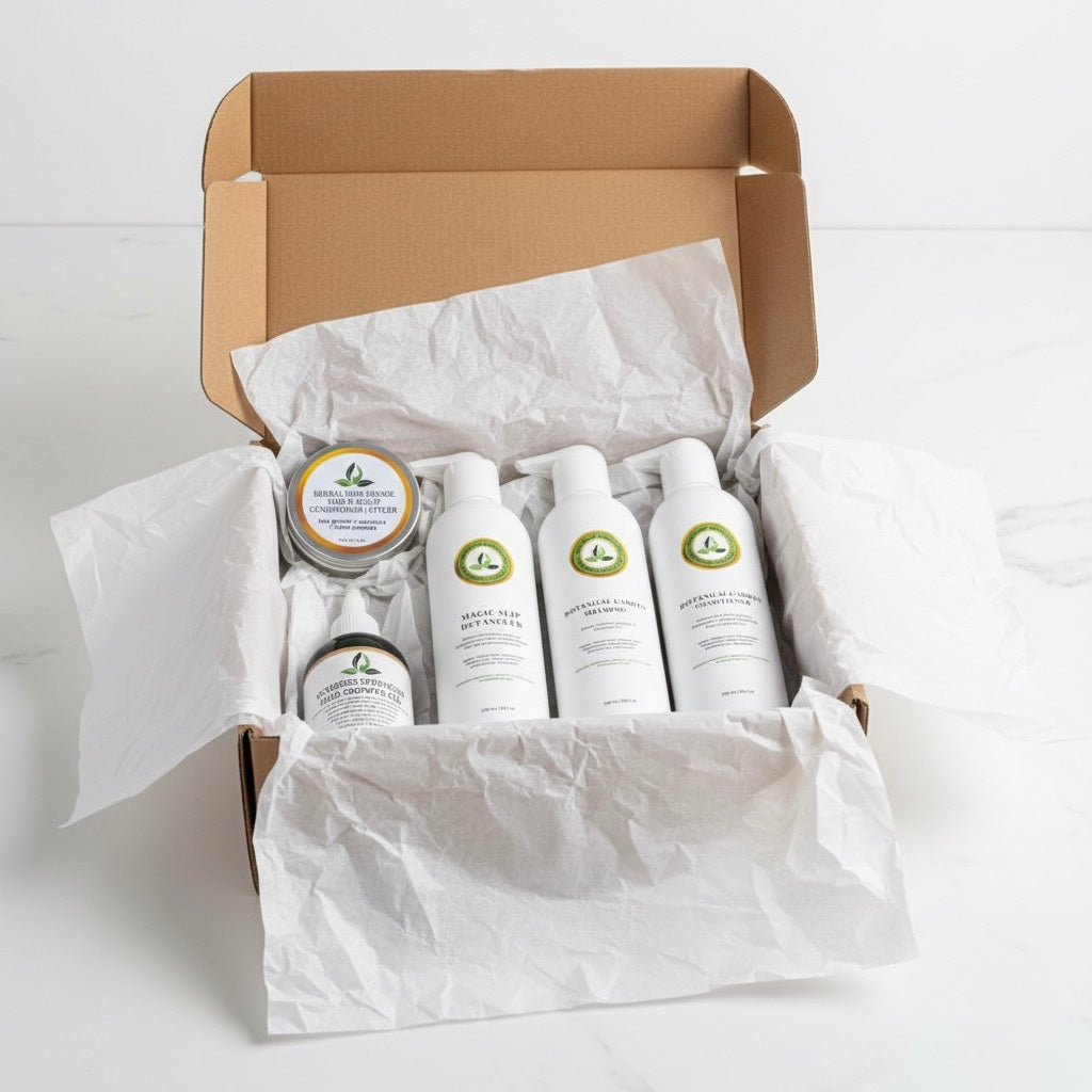 Open cardboard box with white tissue paper containing skincare products on a light gray background