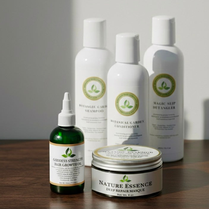 Collection of nature-themed hair care products on a wooden surface with a neutral background.